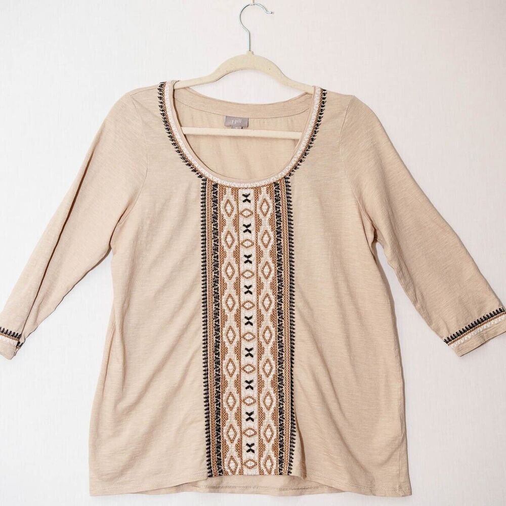 J. Jill womens M petite tan cotton southwest embroidered shirt